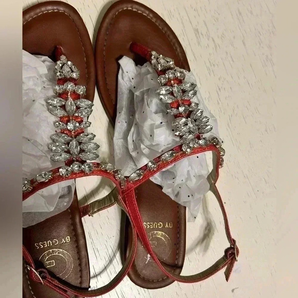 Vintage Guess By Guess Londean Womens Size 10M Orange T-strap Flat Sandals - Picture 2 of 8